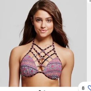 Shade & Shore -Strappy High Neck Bikini Top Multi Floral Stripe 34B-Black Bottom